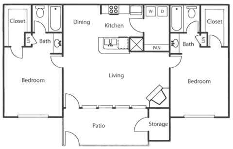 a floor plan of a residence with a bedroom and a living room